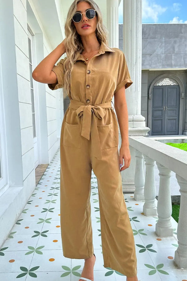 BazaarBey Tie Belt Buttoned Short Sleeve Collared Neck Jumpsuit 