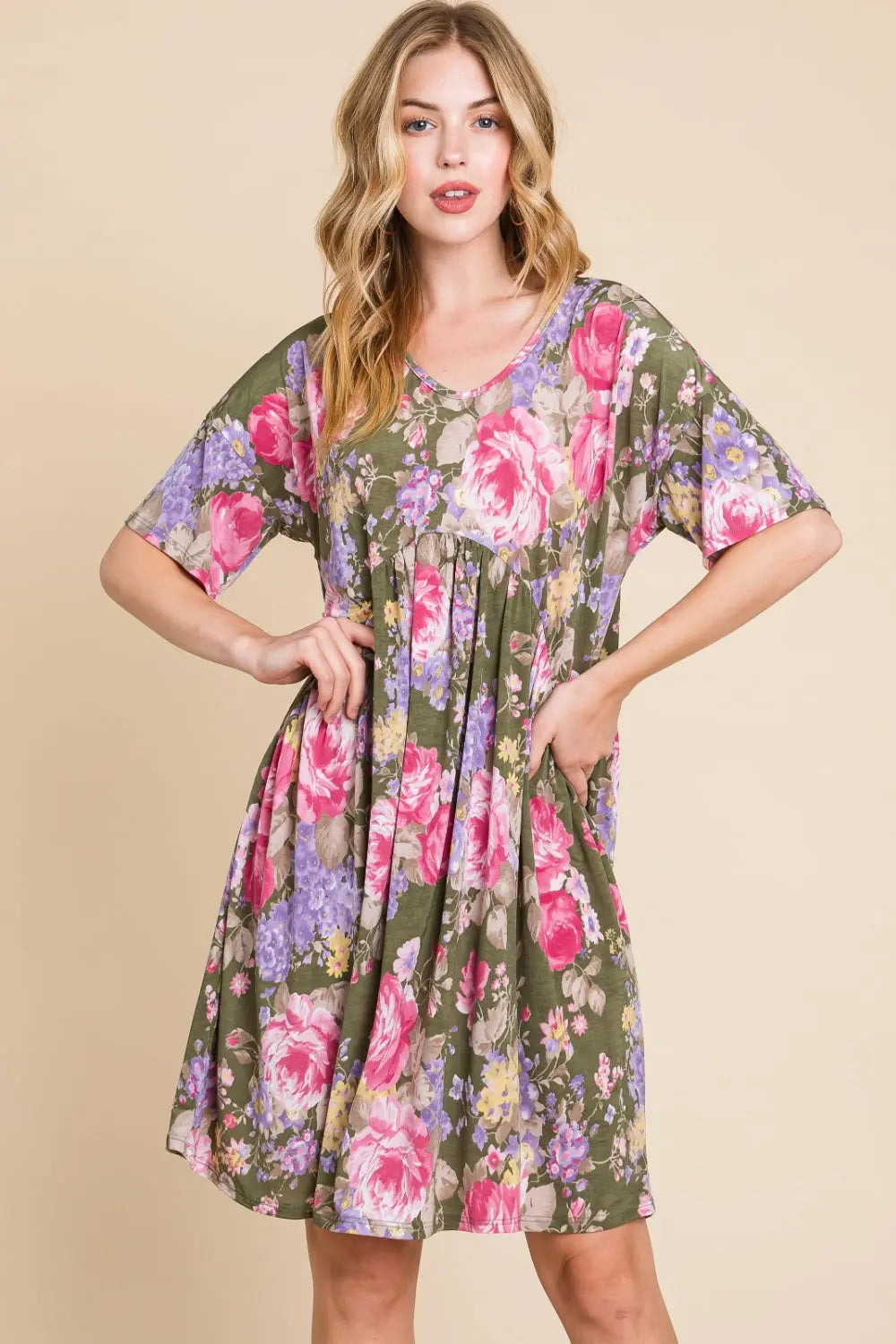  Flower Print V-Neck Ruched Dress -BazaarBey - www.shopbazaarbey.com