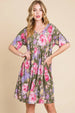  Flower Print V-Neck Ruched Dress -BazaarBey - www.shopbazaarbey.com