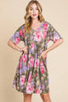  Flower Print V-Neck Ruched Dress -BazaarBey - www.shopbazaarbey.com