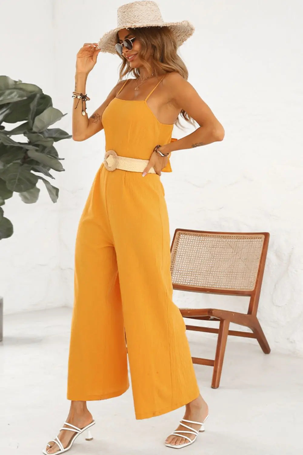  Spaghetti Strap Tie Back Wide Leg Jumpsuit Trendsi