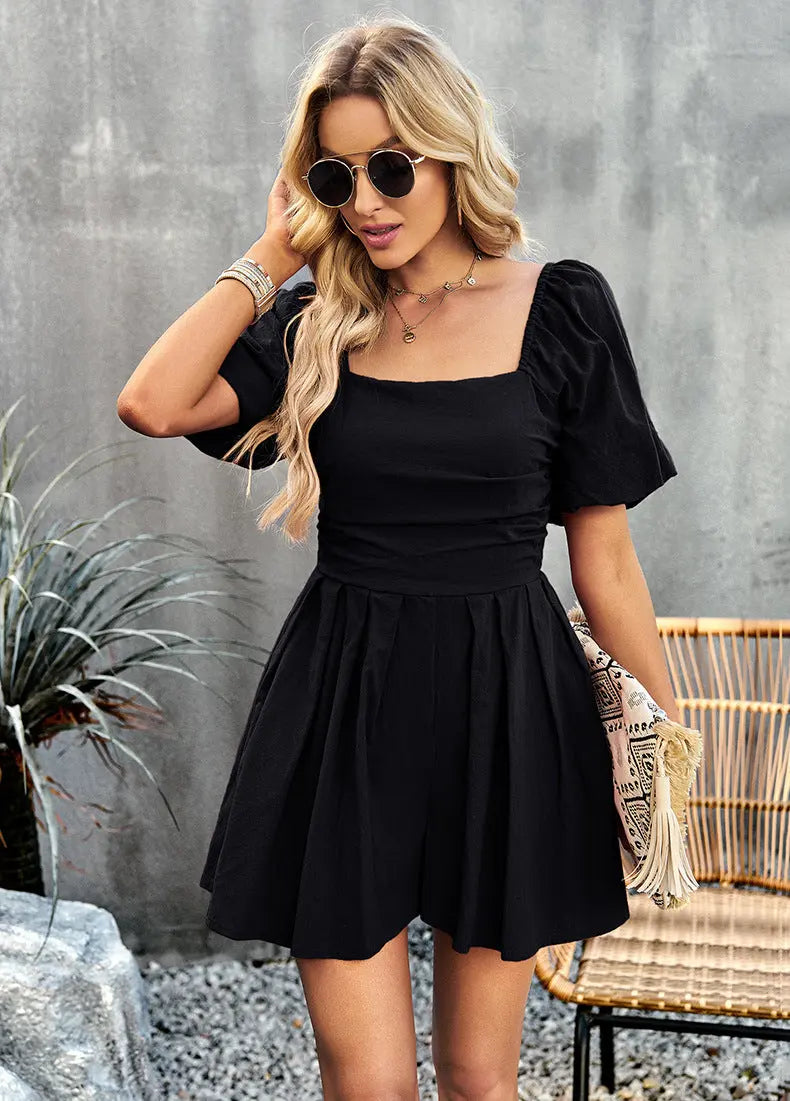 Square Neck Short Sleeve Smocked Romper Trendsi
