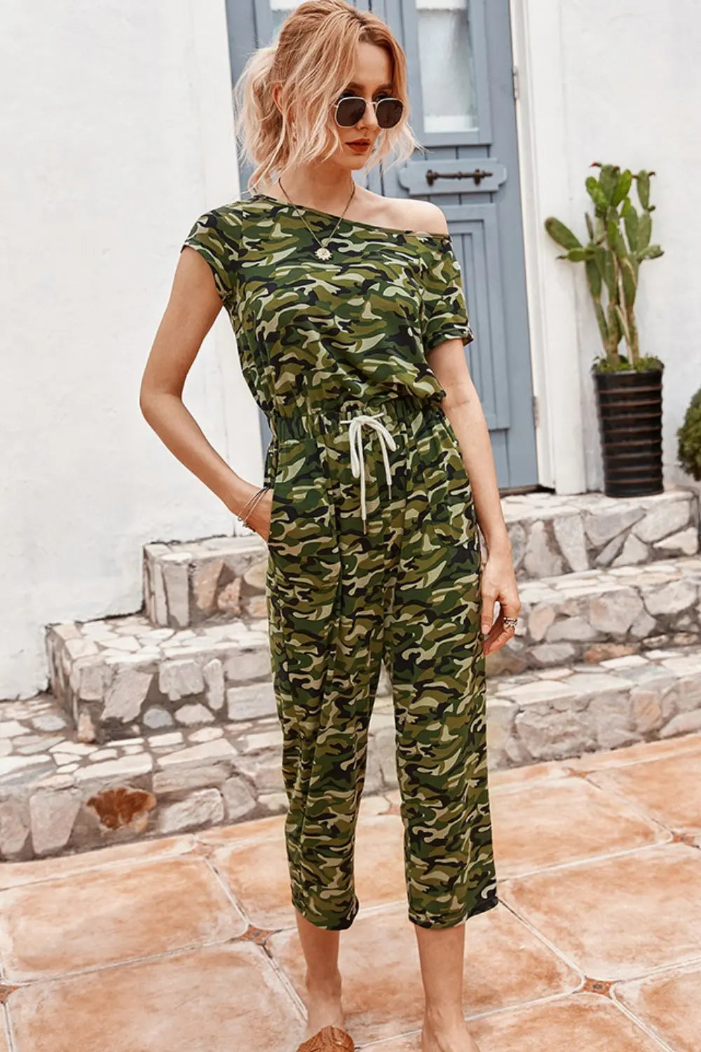 Camouflage Drawstring Crop Leg Jumpsuit Trendsi