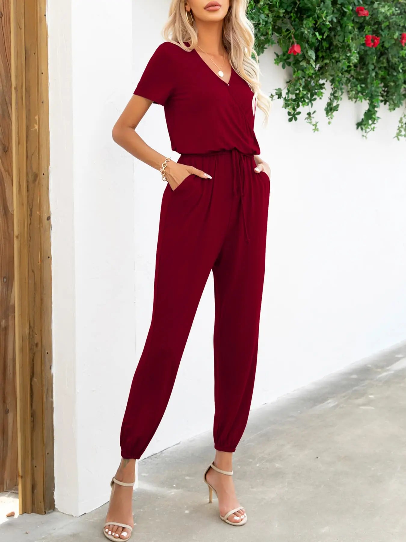 Short Sleeve V-Neck Jumpsuit with Pockets Trendsi