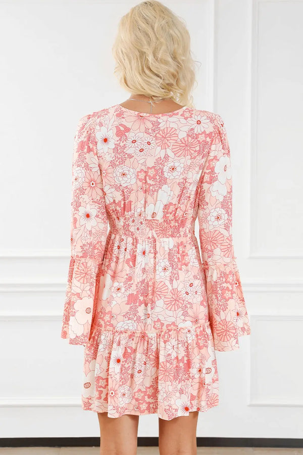 Smocked Printed Flare Sleeve Mini Dress -BazaarBey - www.shopbazaarbey.com