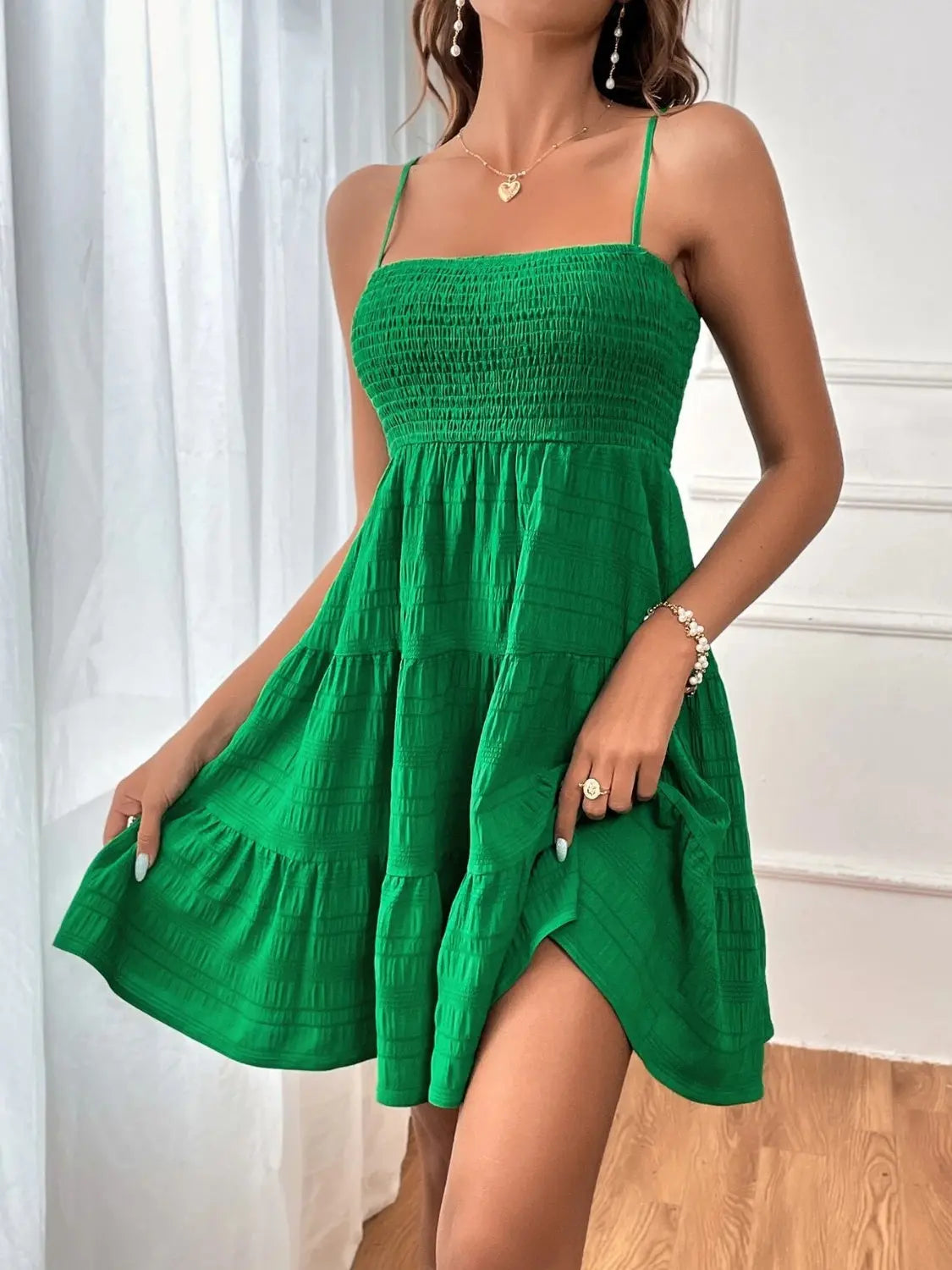 Smocked Tiered Sleeveless Mini Dress -BazaarBey - www.shopbazaarbey.com