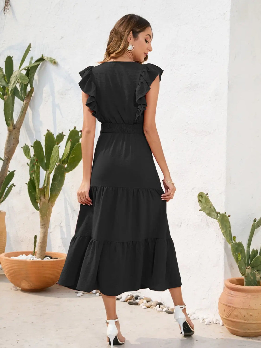 Tiered Ruffled V-Neck Cap Sleeve Dress -BazaarBey - www.shopbazaarbey.com