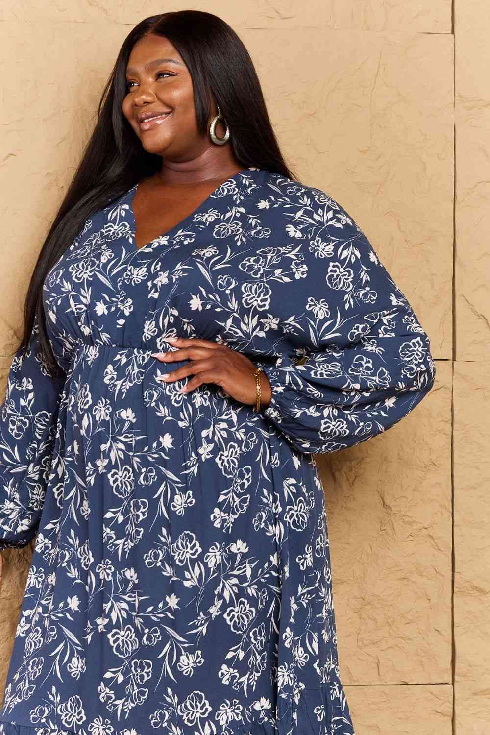  Night Out Full Size Balloon Sleeve Floral Midi Dress -BazaarBey - www.shopbazaarbey.com