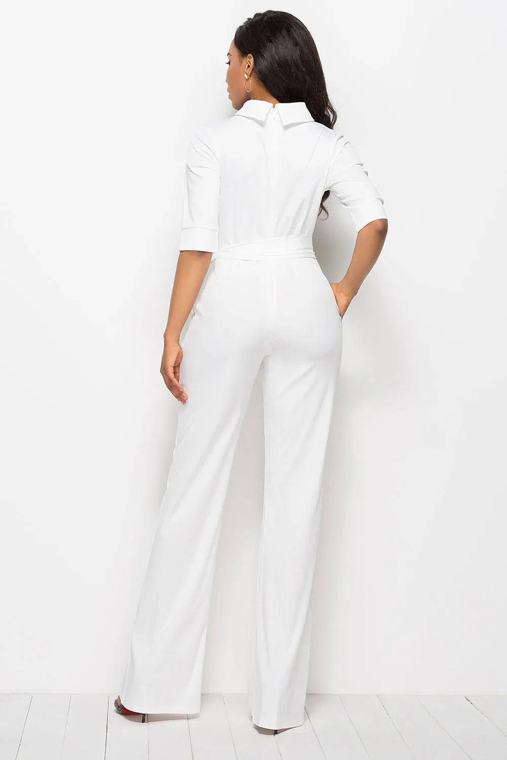 Mock Neck Tie-Waist Half Sleeve Jumpsuit Trendsi