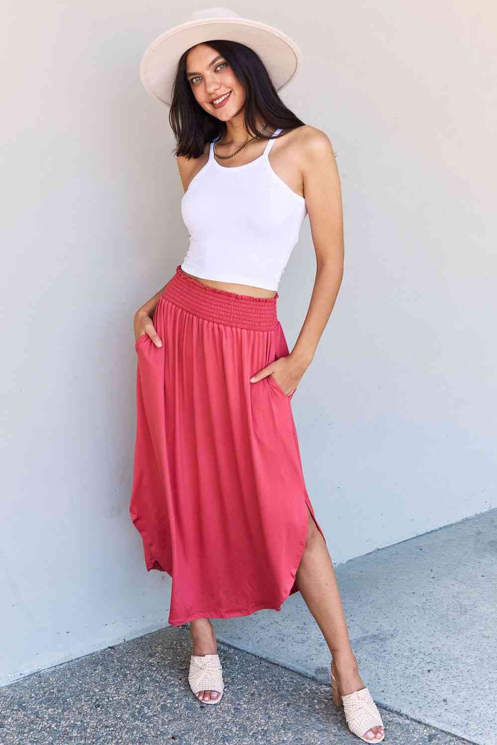  Comfort Princess Full Size High Waist Scoop Hem Maxi Skirt in Hot Pink 