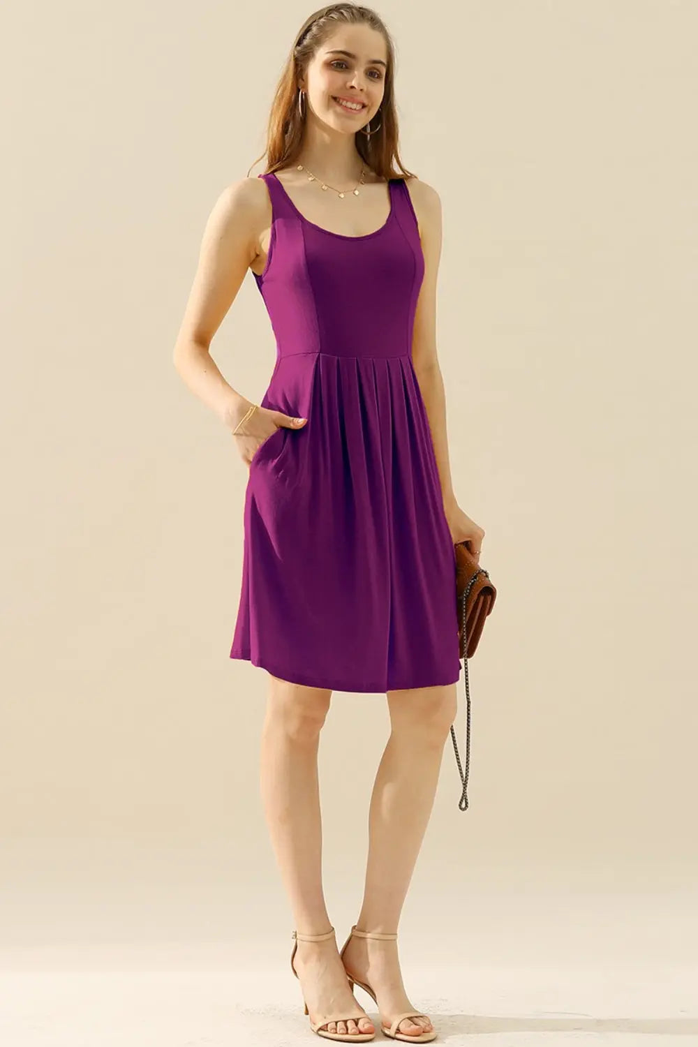  Full Size Round Neck Ruched Sleeveless Dress with Pockets -BazaarBey - www.shopbazaarbey.com