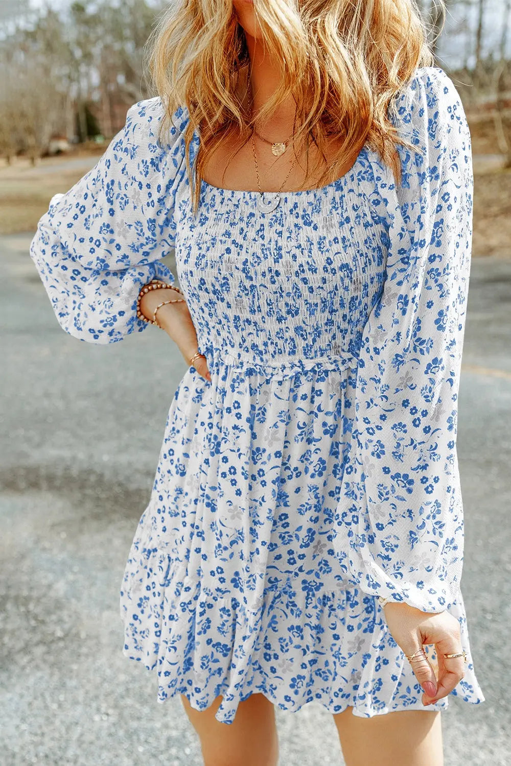 Smocked Floral Square Neck Balloon Sleeve Dress -BazaarBey - www.shopbazaarbey.com