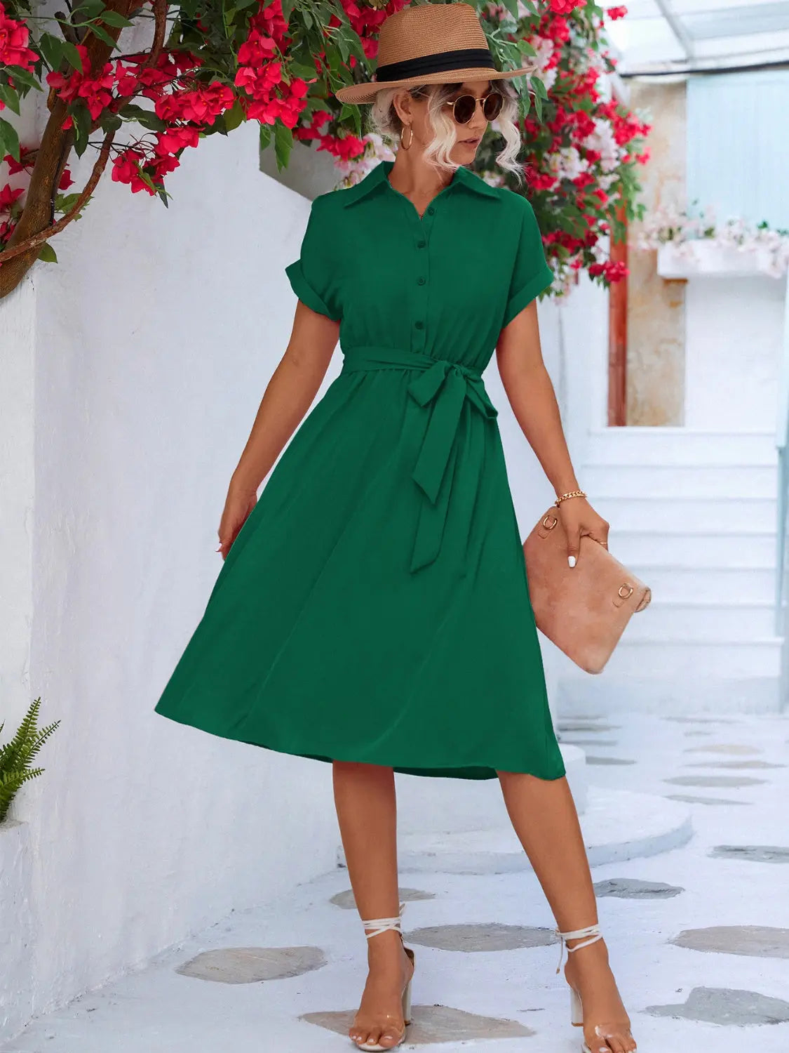 Buttoned Tie Waist Short Sleeve Dress -BazaarBey - www.shopbazaarbey.com