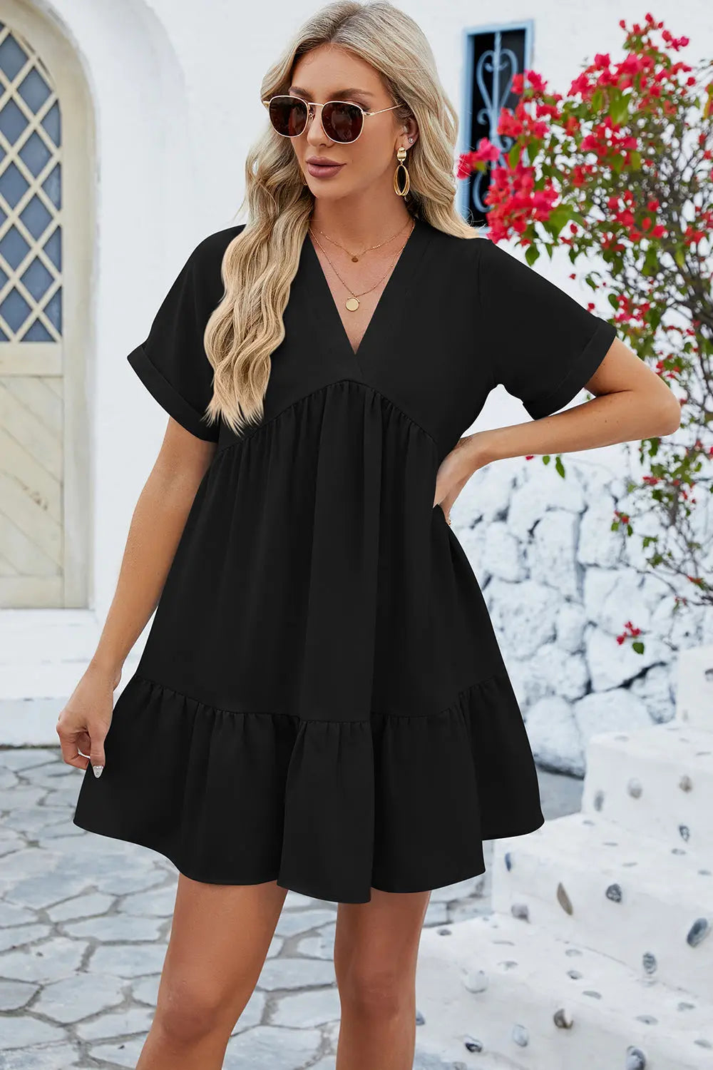 Ruched Tiered V-Neck Short Sleeve Mini Dress -BazaarBey - www.shopbazaarbey.com