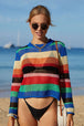 Rainbow Stripe Openwork Long Sleeve Cover-Up Trendsi