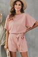BazaarBey Tie Belt Short Sleeve Romper 