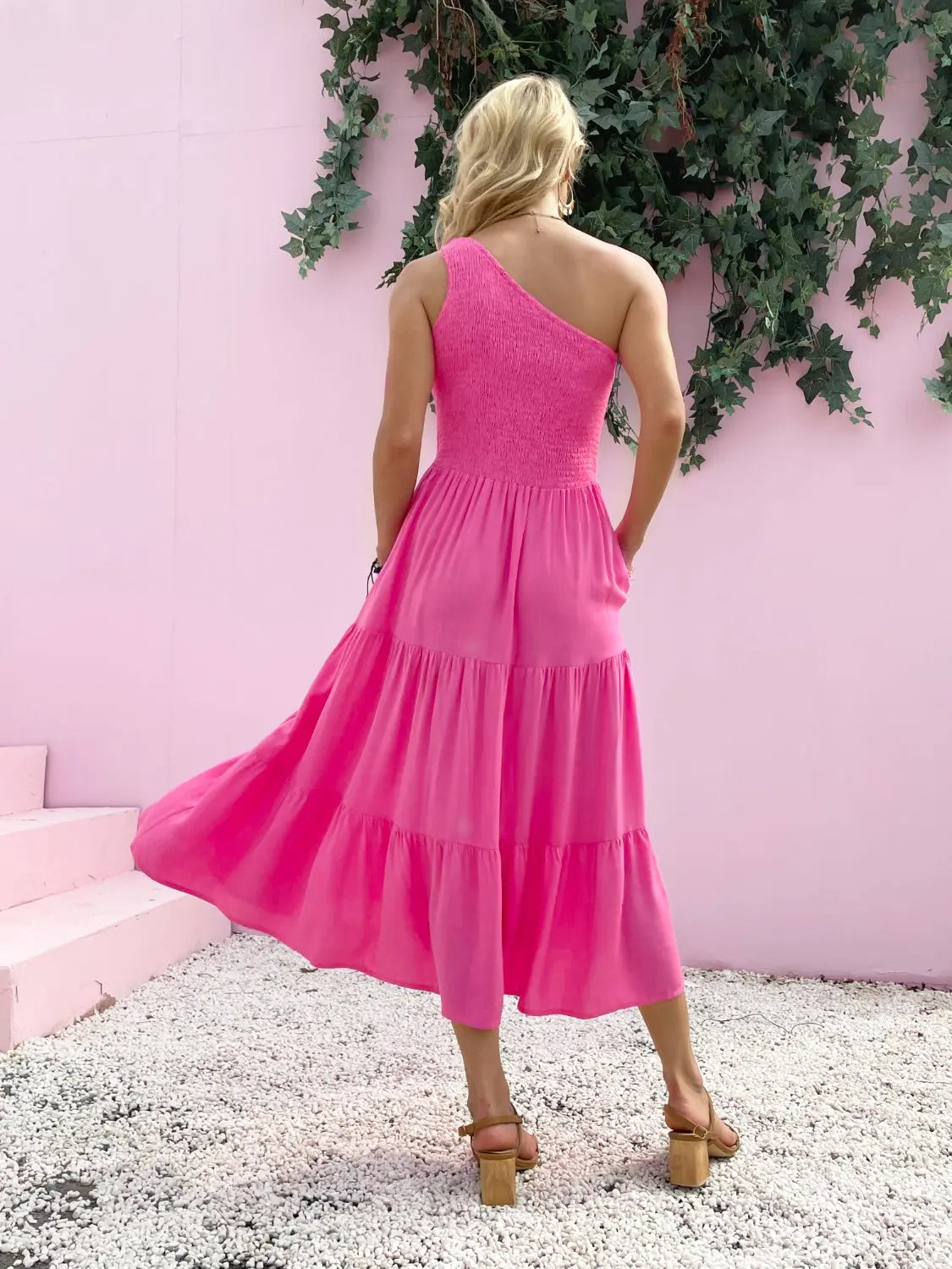 Smocked Single Shoulder Sleeveless Dress -BazaarBey - www.shopbazaarbey.com