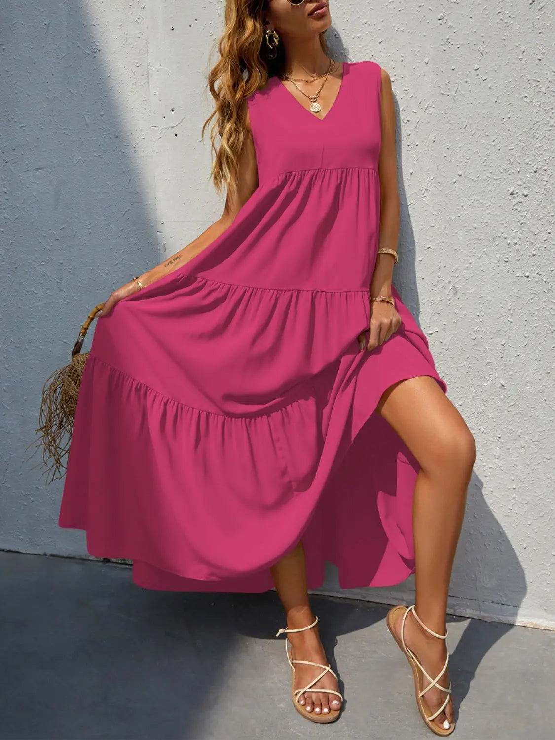 Tiered V-Neck Sleeve Dress -BazaarBey - www.shopbazaarbey.com
