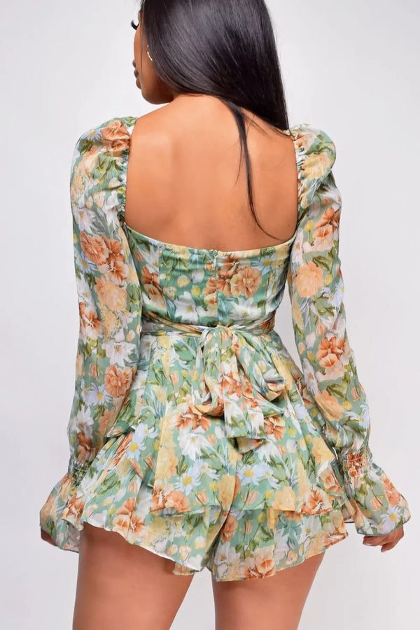 Floral Sweetheart Neck Flounce Sleeve Romper Trendsi
