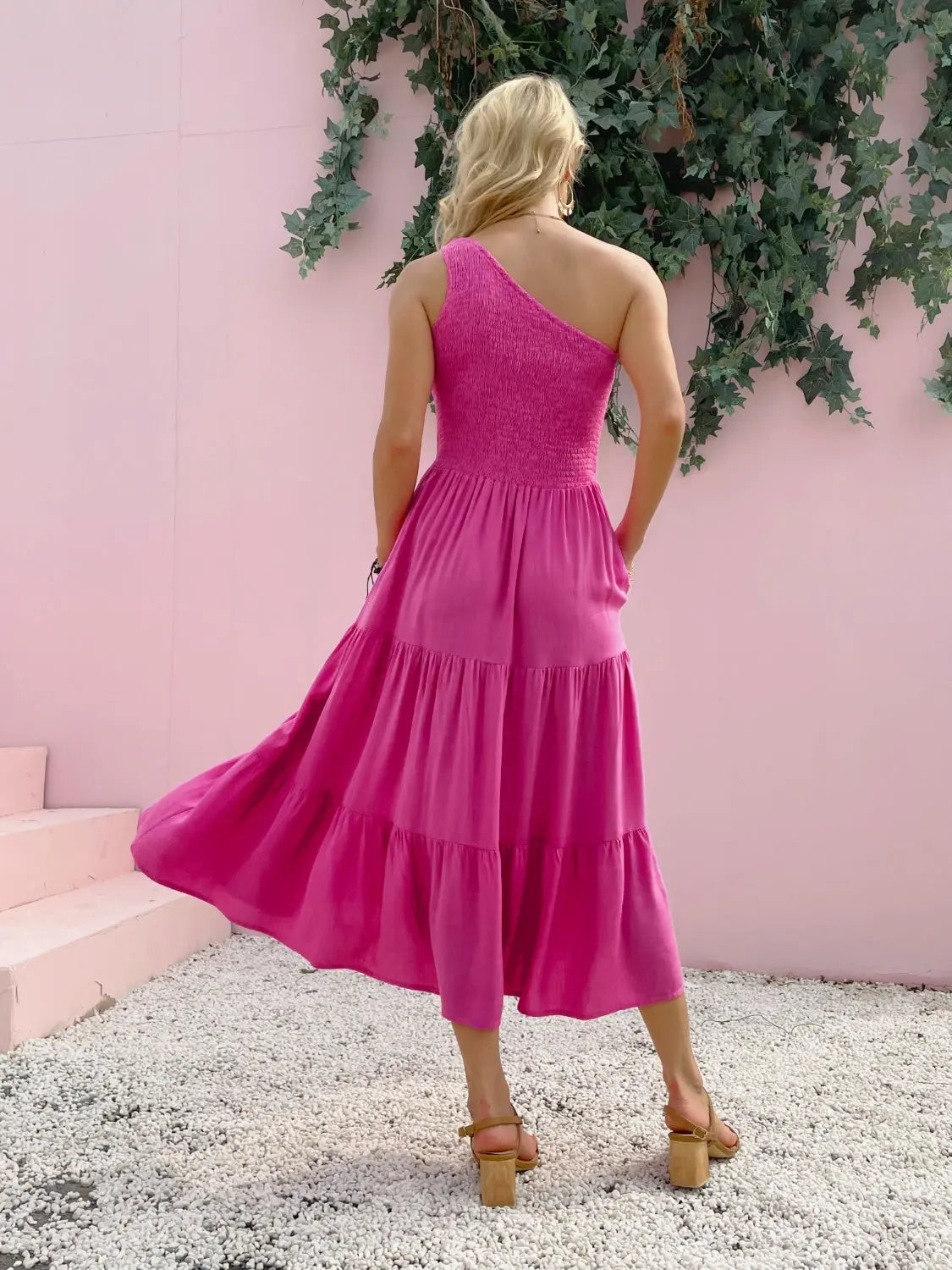 Smocked Single Shoulder Sleeveless Dress -BazaarBey - www.shopbazaarbey.com