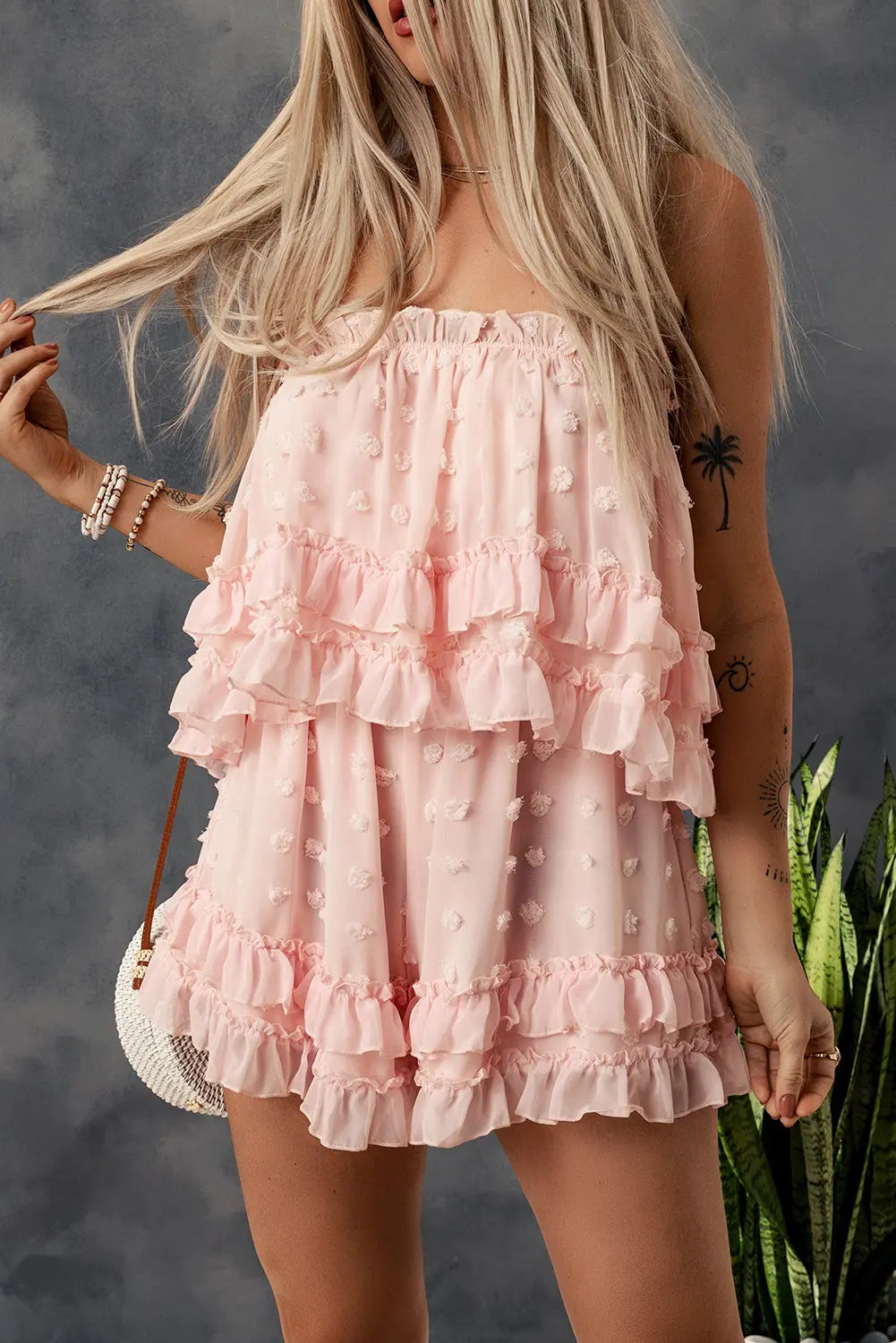 BazaarBey Swiss Dot Ruffled Strapless Romper 