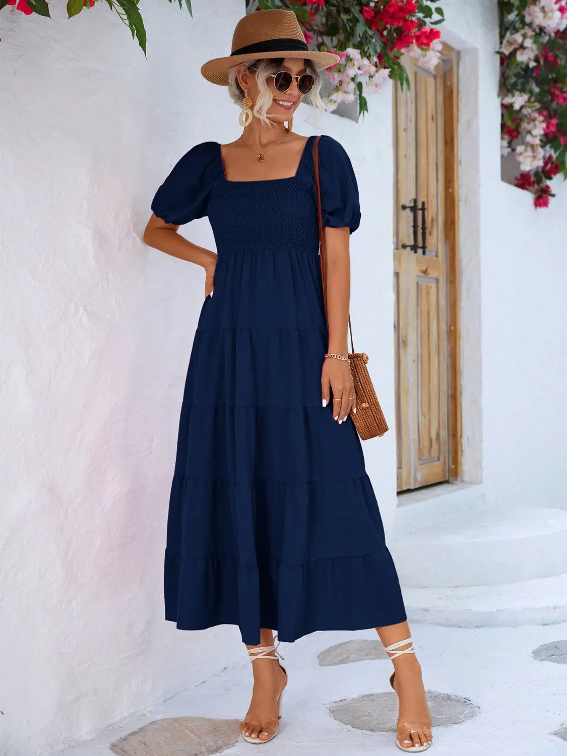 Tiered Smocked Short Sleeve Dress -BazaarBey - www.shopbazaarbey.com