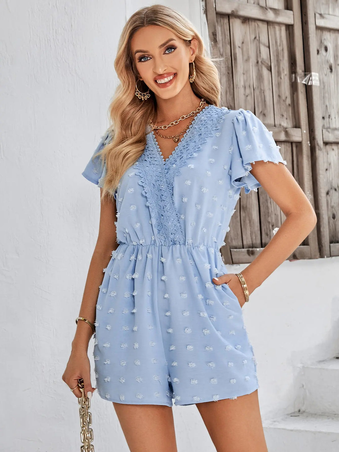 BazaarBey Swiss Dot  Trim Flutter Sleeve Romper with Pockets