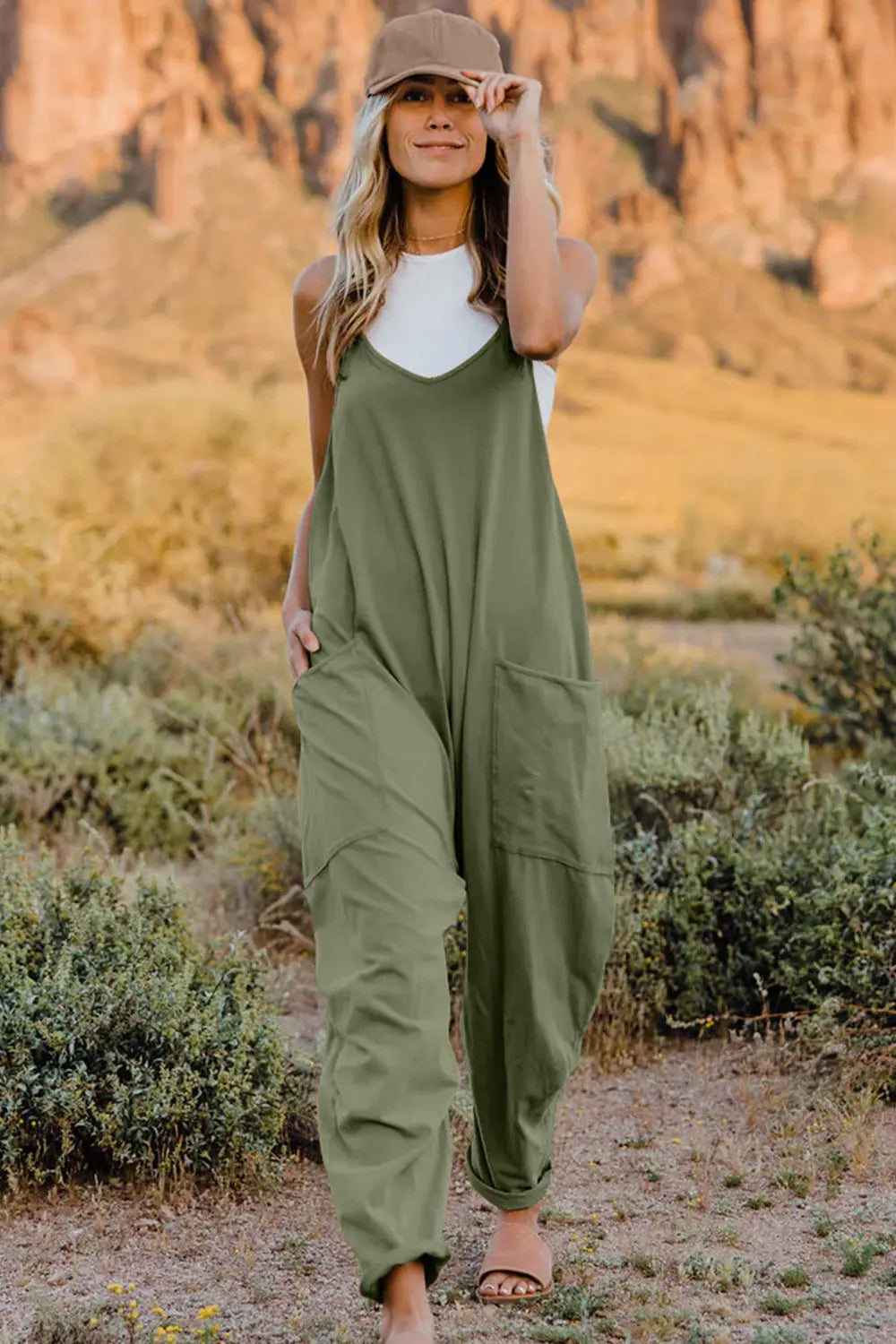   V-Neck Sleeveless Jumpsuit with Pockets Trendsi