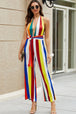 BazaarBey Rainbow Stripe Halter Neck Belted Jumpsuit 