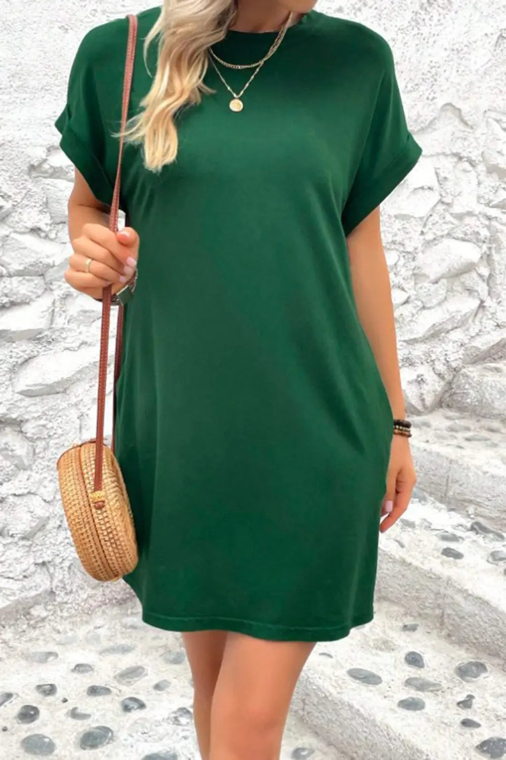 Pocketed Round Neck Short Sleeve Dress -BazaarBey - www.shopbazaarbey.com