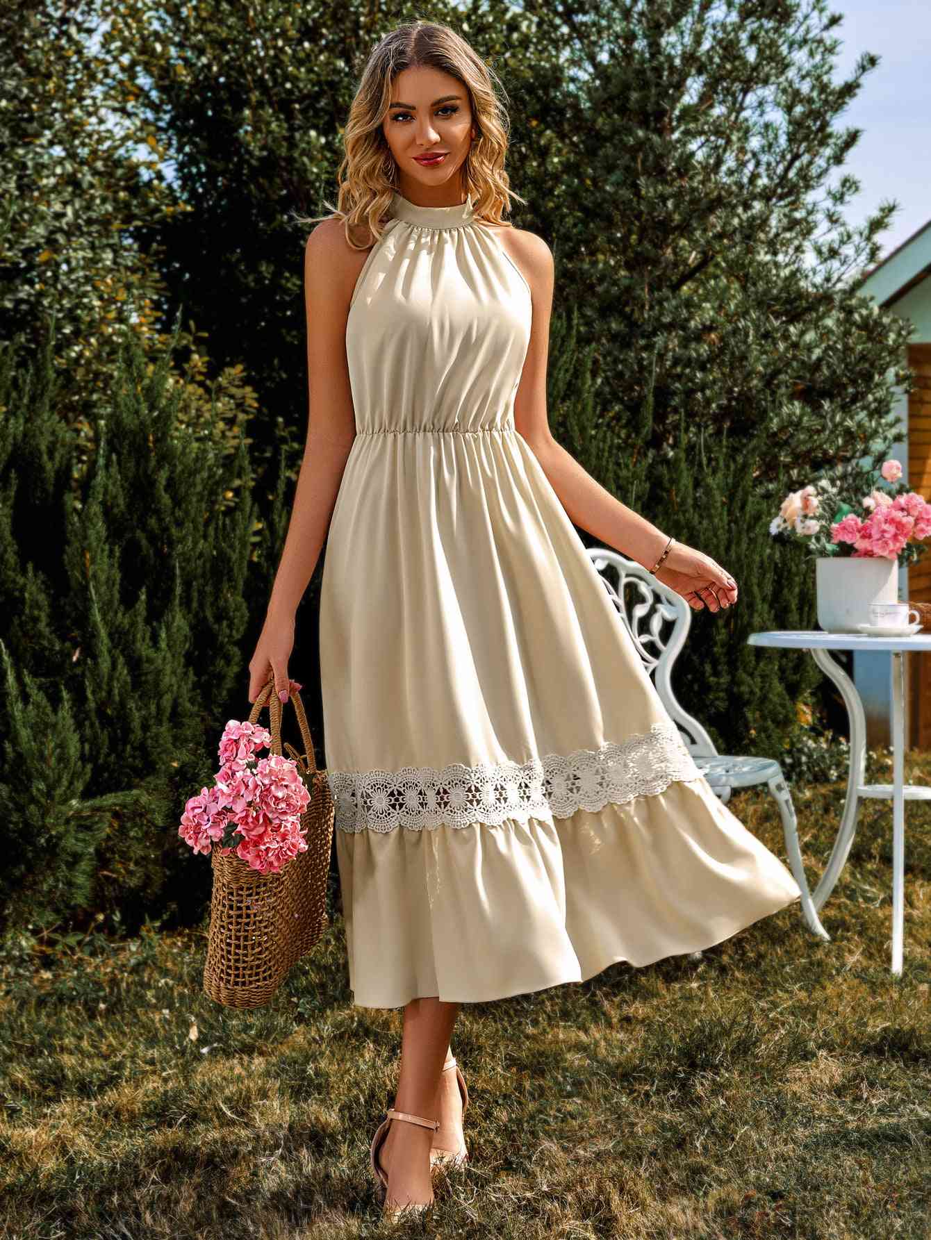  Neck Spliced Lace Midi Dress -BazaarBey - www.shopbazaarbey.com