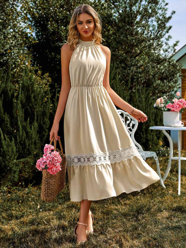  Neck Spliced Lace Midi Dress -BazaarBey - www.shopbazaarbey.com
