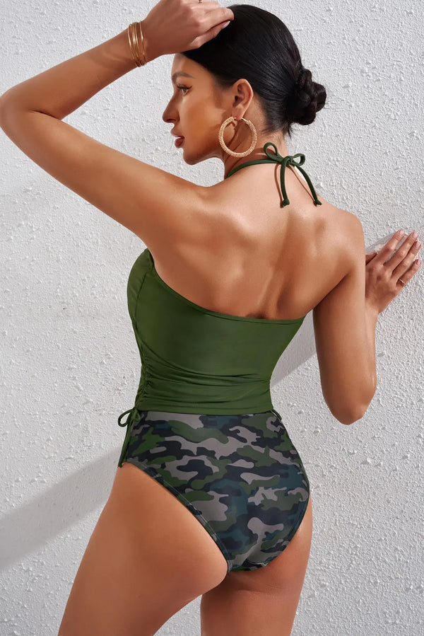 Drawstring Ruched Halter Neck Swim Top and Camouflage Bottoms Set Trendsi