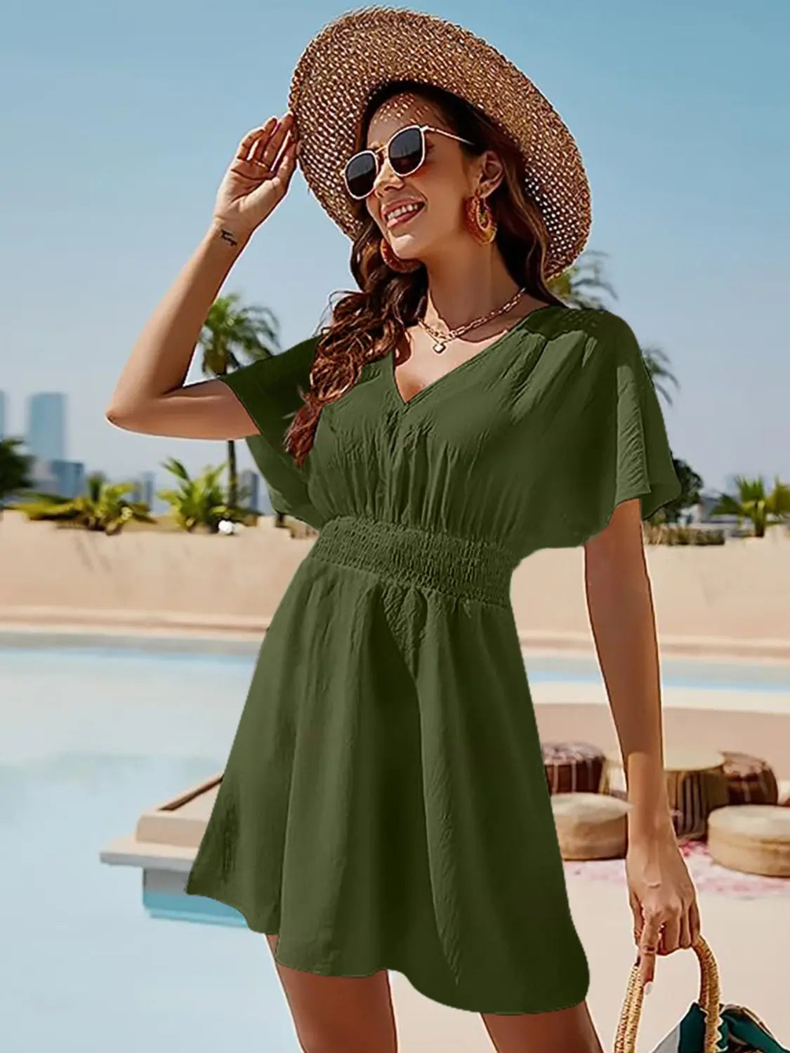 Smocked V-Neck Short Sleeve Dress -BazaarBey - www.shopbazaarbey.com