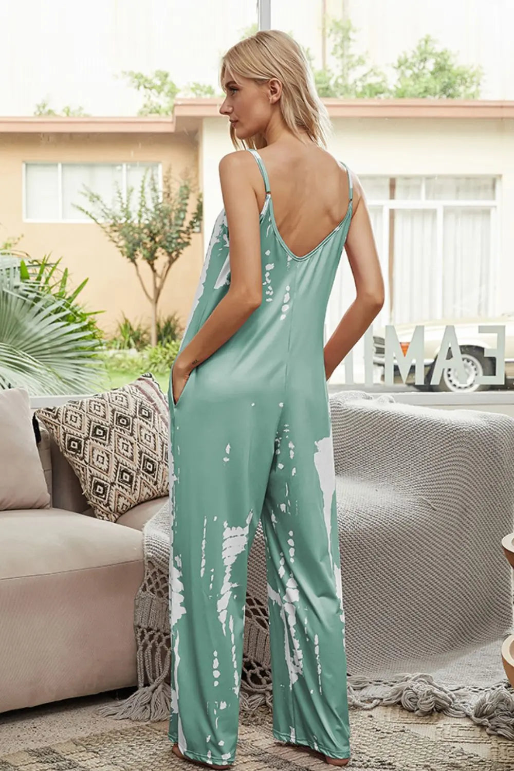 Tie-Dye Spaghetti Strap Jumpsuit with Pockets Trendsi