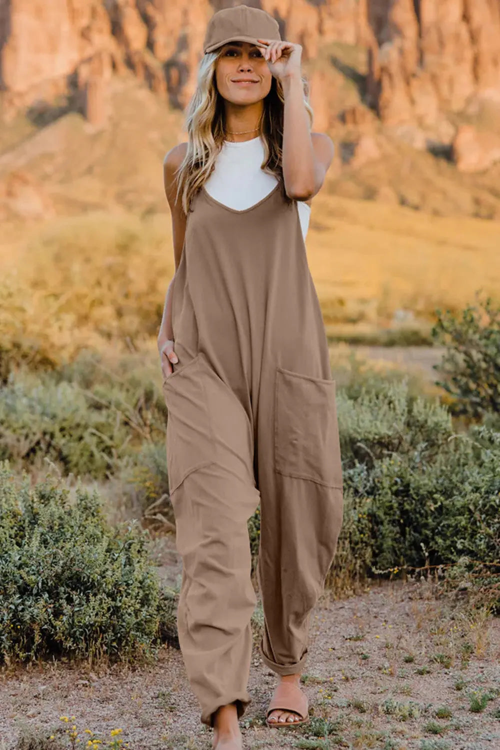   V-Neck Sleeveless Jumpsuit with Pockets Trendsi