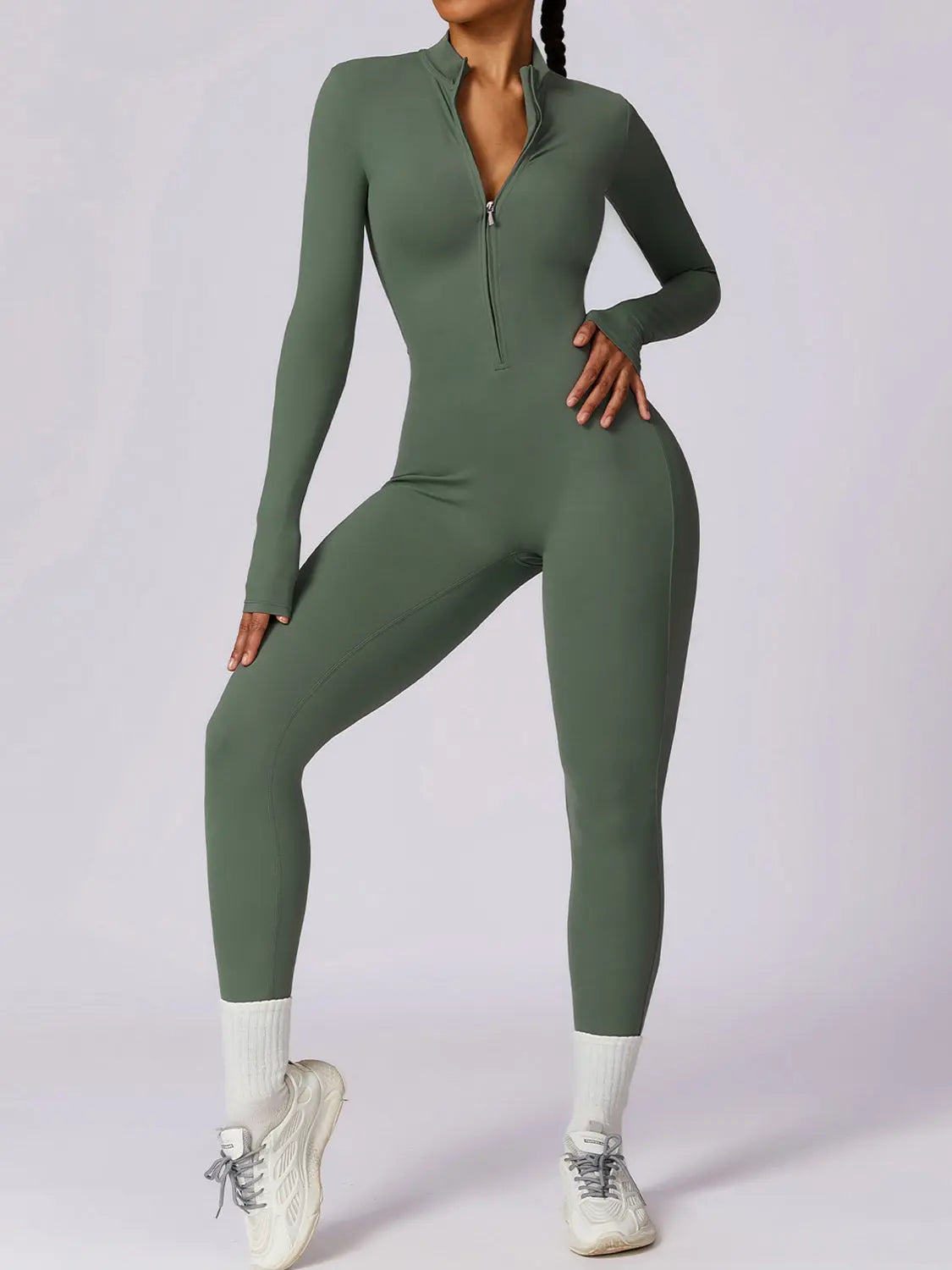 Zip Up Mock Neck Long Sleeve Jumpsuit Trendsi