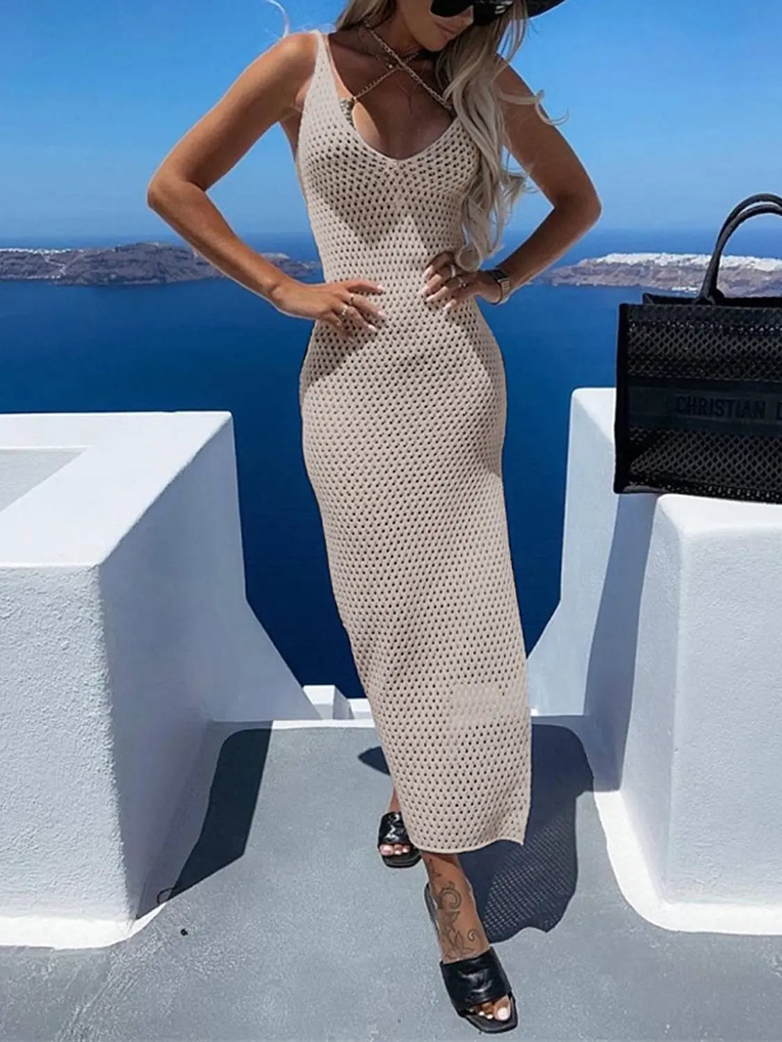 Slit Openwork V-Neck Sleeveless Cover Up Trendsi