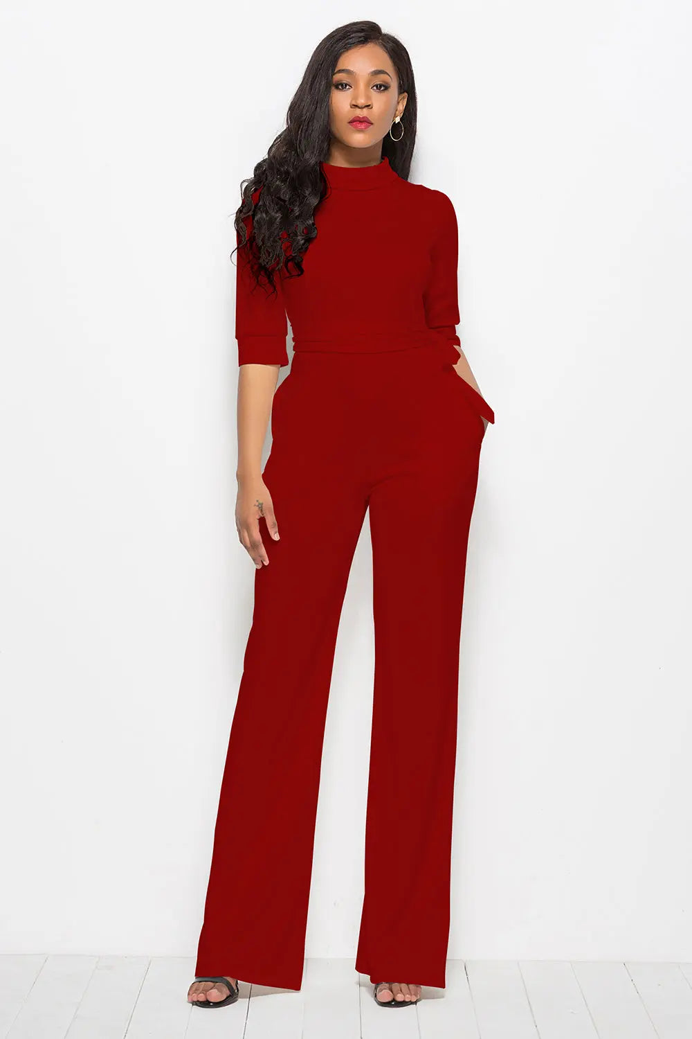 Mock Neck Tie-Waist Half Sleeve Jumpsuit Trendsi