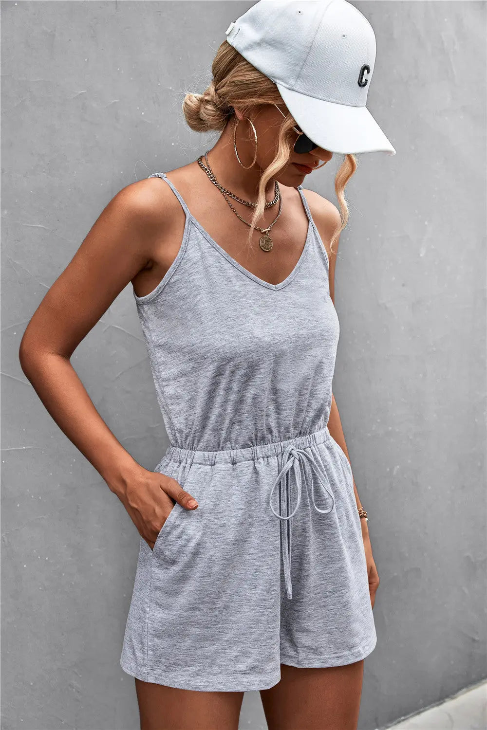 Spaghetti Strap V-Neck Pocket Romper Trendsi