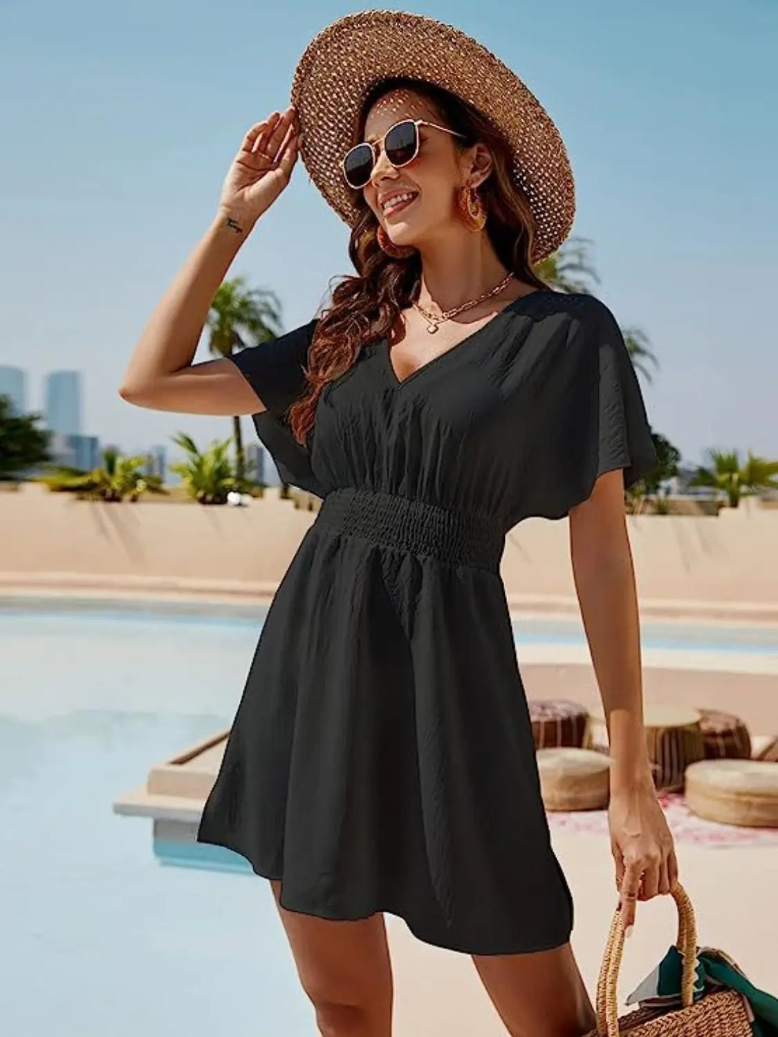Smocked V-Neck Short Sleeve Dress -BazaarBey - www.shopbazaarbey.com