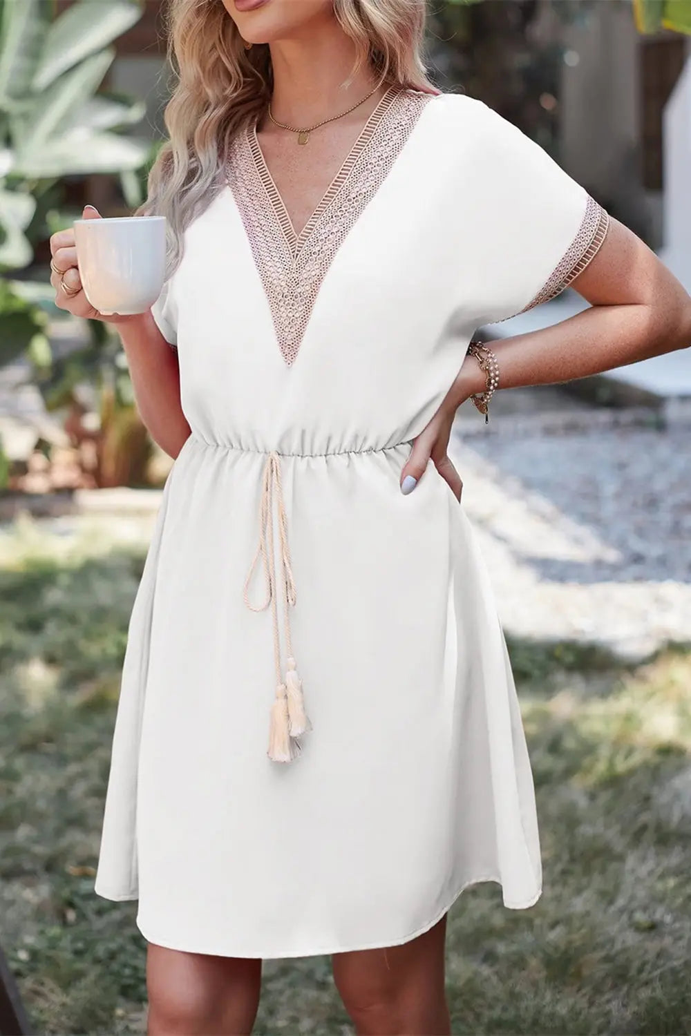 Tassel V-Neck Short Sleeve Dress -BazaarBey - www.shopbazaarbey.com