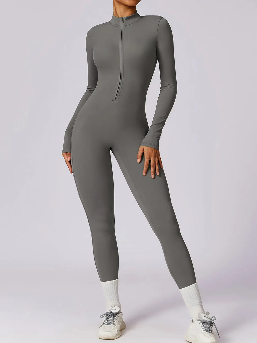 Zip Up Mock Neck Long Sleeve Jumpsuit Trendsi
