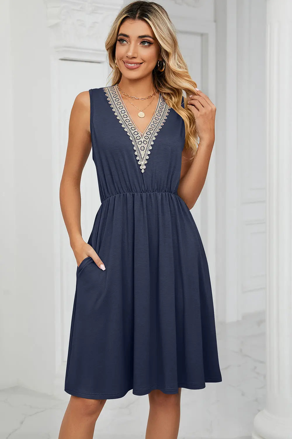 Pocketed V-Neck Wide Strap Dress -BazaarBey - www.shopbazaarbey.com