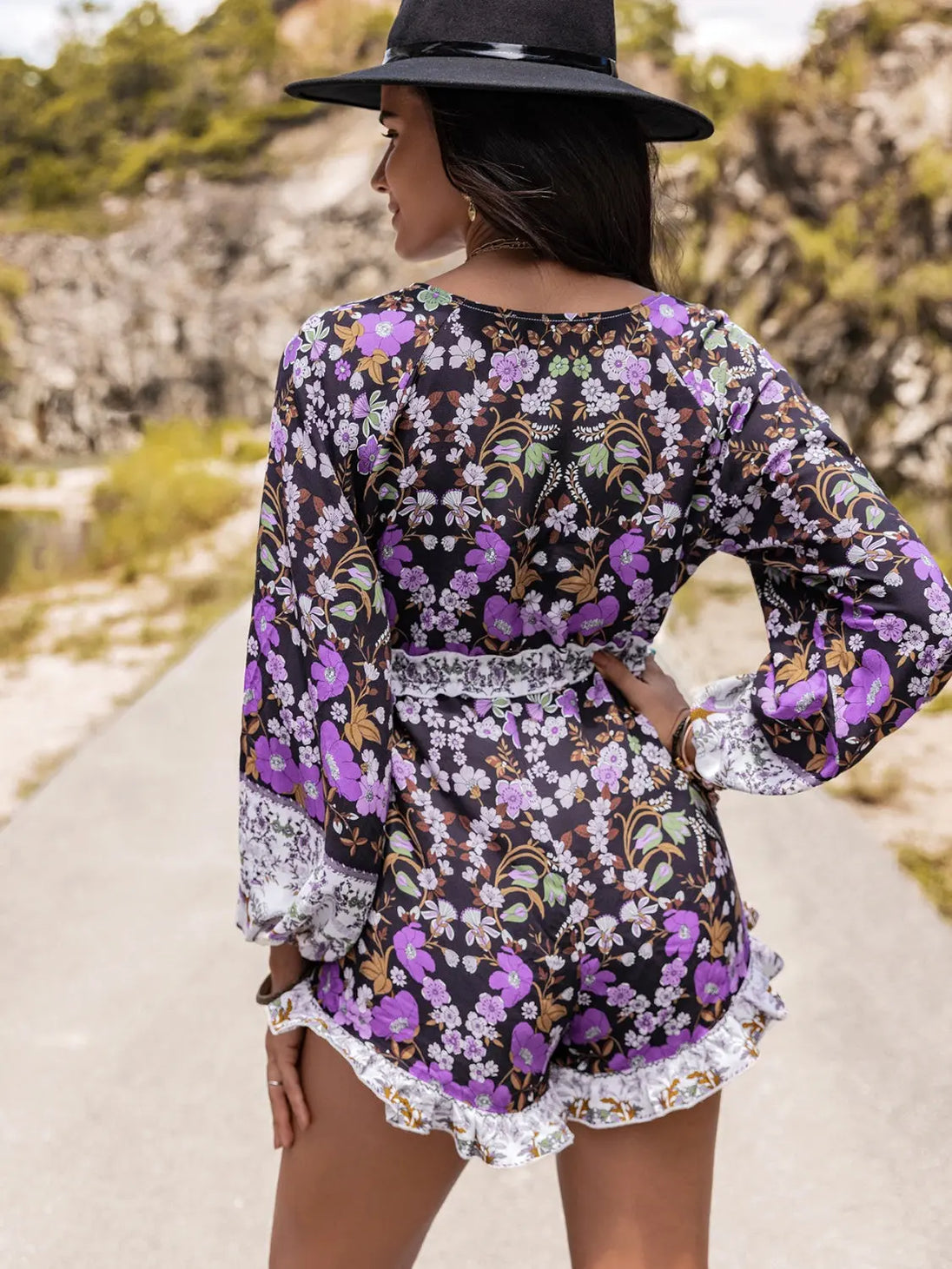 Printed  Half Button Balloon Sleeve Romper Trendsi