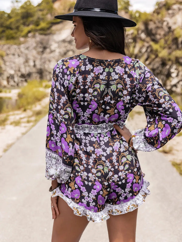 Printed  Half Button Balloon Sleeve Romper Trendsi