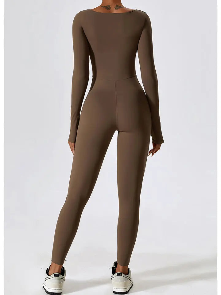 Square Neck Long Sleeve Sports Jumpsuit Trendsi