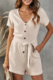 V-Neck Short Sleeve Tie Belt Romper with Pockets Trendsi