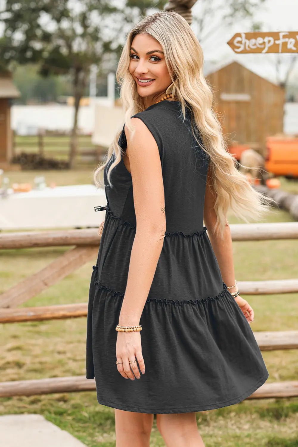 Frill Notched Sleeveless Mini Dress -BazaarBey - www.shopbazaarbey.com