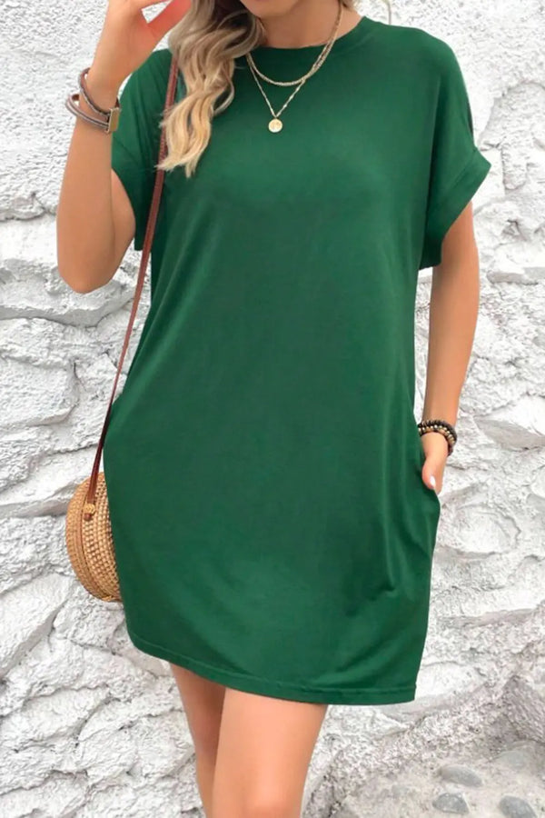 Pocketed Round Neck Short Sleeve Dress -BazaarBey - www.shopbazaarbey.com